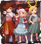  3girls animal animal_ears arm_up bangs bare_shoulders barefoot bird black_footwear black_hair blonde_hair blue_bow blue_dress blue_ribbon blue_shirt blue_skirt blush boots bow brown_dress brown_footwear brown_headwear closed_mouth colored_skin cowboy_hat donki_(yeah) dragon_tail dress eagle_spirit_(touhou) earrings eyebrows_visible_through_hair full_body hair_between_eyes hand_up hat highres horns jewelry kicchou_yachie kurokoma_saki long_hair long_sleeves looking_at_another looking_at_viewer multicolored_clothes multicolored_dress multiple_girls off_shoulder open_mouth pink_dress plaid plaid_dress pointy_ears ponytail puffy_short_sleeves puffy_sleeves purple_skin red_eyes red_skin ribbon scarf sharp_teeth shirt shoes short_hair short_sleeves silver_hair skirt smile socks spirit standing tail teeth touhou toutetsu_yuuma turtle_shell utensil weapon white_legwear white_scarf wide_sleeves wings wolf_ears wolf_spirit_(touhou) yellow_dress 