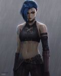  1girl arcane:_league_of_legends arm_tattoo artist_name bangs bare_shoulders belt black_pants blue_hair breasts cheesewoo closed_mouth cloud_tattoo detached_sleeves gloves grey_background highres jinx_(league_of_legends) league_of_legends long_hair navel pants rain shiny shiny_skin shoulder_tattoo small_breasts solo stomach stomach_tattoo tattoo 