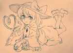  1girl bow collared_shirt eyebrows_visible_through_hair frilled_shirt_collar frilled_sleeves frills hand_on_own_face happy haramin3 hat hat_bow highres komeiji_koishi legs_up long_sleeves lying monochrome on_stomach shirt short_hair skirt smile touhou traditional_media wide_sleeves 