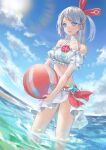  +_+ 1girl ball bangs bare_shoulders beach beachball bikini blue_eyes blue_sky blush breasts cloud collarbone commentary crystal day eyebrows_visible_through_hair fisheye flower frilled_bikini frilled_sleeves frills grey_hair hair_ornament happy highres holding holding_ball lens_flare level9kaito light_blush long_hair looking_at_viewer navel ocean official_alternate_costume one_side_up open_mouth outdoors red_flower sand sarong short_sleeves sidelocks sky small_breasts smile solo standing stella_(world_flipper) stomach sun sunlight swept_bangs swimsuit teeth tied_hair transparent wading water white_bikini white_sarong world_flipper 