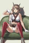  1girl animal assisted_exposure azasuke bare_shoulders bean_bag_chair breasts brown_hair brown_skirt cat gloves green_eyes headgear holding holding_animal holding_cat kantai_collection large_breasts miniskirt mutsu_(kancolle) panties pantyshot parted_lips red_legwear short_hair sitting skirt solo spread_legs thighhighs underwear white_gloves white_panties 