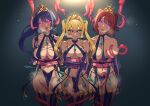  3girls :p ahegao amaya_haruko bare_shoulders blonde_hair blue_hair breast_grab breast_squeeze breast_sucking breasts breath cleavage collarbone detached_sleeves ear_sex elbow_gloves eyebrows_visible_through_hair fingerless_gloves gloves glowing glowing_eyes gold_trim grabbing green_eyes hair_between_eyes hair_bobbles hair_ornament halterneck heart heart-shaped_pupils himegami_kodama hypnosis jewelry large_breasts maken-ki! medium_breasts midriff mind_control multiple_girls mutsuki_2100 navel open_mouth ponytail purple_gloves purple_hair pussy_juice red_hair revealing_clothes saliva shinatsu_azuki short_hair sidelocks split_mouth standing symbol-shaped_pupils tentacles thighhighs tiara tongue tongue_out twintails 