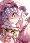  1girl absurdres ascot bangs bat_wings blonde_hair blush brown_eyes closed_mouth collar collared_dress collared_shirt crystal dress eyebrows_visible_through_hair eyes_visible_through_hair flandre_scarlet hair_between_eyes hands_up hat hat_ribbon highres hug jewelry looking_at_viewer looking_to_the_side maboroshi_mochi mob_cap multicolored_eyes multicolored_wings one_side_up pink_dress pink_headwear puffy_short_sleeves puffy_sleeves purple_hair red_dress red_eyes red_nails red_ribbon remilia_scarlet ribbon shadow shirt short_hair short_sleeves simple_background smile solo stuffed_toy touhou toy white_background white_headwear white_shirt wings yellow_ascot yellow_eyes 