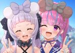  2girls :d ;d absurdres bangs black_ribbon blue_hair blue_nails blue_ribbon blue_sailor_collar blush bow bow_hairband braid choker closed_eyes collarbone commentary_request criss-cross_halter eyebrows_visible_through_hair frilled_ribbon frills hair_bow hair_ribbon hairband halterneck highres hololive long_hair minato_aqua multicolored_hair multiple_girls murasaki_shion nail_polish one_eye_closed pink_hair portrait purple_eyes ribbon ribbon_choker round_teeth sailor_collar shima6644 short_eyebrows silver_hair smile teeth twin_braids twintails two-tone_hair upper_teeth v virtual_youtuber 