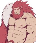  1boy abs animal_ears bara bare_pectorals beard caineghis_(fire_emblem) cape facial_hair fire_emblem flat_color highres kagemaru_(bara) large_pectorals lion_ears long_hair male_focus male_pubic_hair mature_male muscular muscular_male naked_cape navel nipples pectorals penis penis_peek pubic_hair red_hair single_bare_shoulder solo stomach thick_eyebrows upper_body white_background 