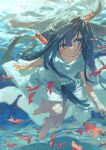  1girl barefoot black_hair blue_eyes closed_mouth commentary_request dress fish full_body highres light_blush light_purple_hair long_hair looking_at_viewer original potg_(piotegu) short_sleeves solo underwater white_dress 