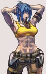  1girl abs armpits arms_up bangs bare_shoulders belt biting black_gloves blue_eyes blue_hair cargo_pants commentary dog_tags earrings english_commentary glove_biting gloves highres jewelry leona_heidern muscular muscular_female navel necklace pants pouch sidelocks simple_background solo standing syachiiro tank_top the_king_of_fighters triangle_earrings tying_hair white_background yellow_tank_top 