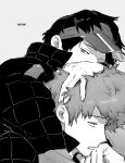  2boys from_side gkrk89 greyscale hand_in_hair hand_on_another&#039;s_head highres leaning_forward leaning_on_person long_sleeves looking_at_another looking_at_viewer looking_away male_focus mizukami_satoshi_(world_trigger) mole mole_under_eye monochrome multiple_boys oki_kouji one_eye_covered popped_collar short_hair simple_background uniform visor_cap world_trigger 