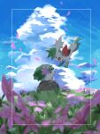  :d blurry cloud commentary_request day eye_contact flower framed from_side grass green_eyes highres looking_at_another no_humans open_mouth outdoors petals pink_flower pokemon pokemon_(creature) shaymin shaymin_(land) shaymin_(sky) shiznar sky smile tongue twitter_username 