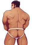  1boy arm_hair ass ass_focus back bara black_hair feet_out_of_frame from_behind highres jockstrap kagemaru_(bara) leg_hair long_sideburns looking_at_viewer looking_back male_focus male_underwear mature_male multicolored_hair muscular muscular_male original red_hair short_hair sideburns solo streaked_hair thick_thighs thighs topless_male underwear underwear_only white_male_underwear 