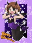  1girl :d bangs black_horns black_legwear black_wings blue_eyes bow bowtie brown_hair claw_pose demon_horns demon_tail demon_wings detached_collar english_text eyebrows_visible_through_hair fang flat_chest floating girls_und_panzer halloween halloween_costume happy_halloween high_collar high_heels horns legs_up leotard looking_at_viewer nail_polish outline pantyhose purple_footwear purple_leotard purple_nails sakaguchi_karina short_hair smile solo starry_background strapless strapless_leotard tail takahashi_kurage white_outline wings 