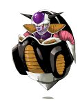  1boy alien armor black_lips colored_skin commentary dragon_ball dragon_ball_z floating floating_object frieza highres horns looking_away male_focus purple_skin red_eyes saiyan_armor shoulder_armor simple_background sitting smile solo tail white_background yunimaru 