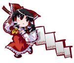  1girl ascot bangs black_footwear black_hair blush bow commentary_request detached_sleeves frilled_bow frilled_skirt frills full_body gohei hair_bow hakurei_reimu holding long_hair looking_afar looking_to_the_side lowres namikai_harukaze open_mouth red_bow red_eyes red_shirt red_skirt ribbon-trimmed_sleeves ribbon_trim sandals sarashi shirt simple_background skirt sleeveless sleeveless_shirt socks solo touhou white_background white_legwear white_sleeves yellow_ascot 