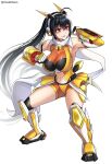  1girl azur_lane black_hair breasts cosplay dootmoon eyebrows_visible_through_hair highres large_breasts lips long_hair looking_away navel parted_lips red_eyes senki_zesshou_symphogear smile solo tachibana_hibiki_(symphogear) tachibana_hibiki_(symphogear)_(cosplay) taihou_(azur_lane) twintails twitter_username very_long_hair voice_actor_connection yuuki_aoi 