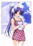  1girl 2001 argyle argyle_dress argyle_skirt artist_name bad_id bangle bangs bare_shoulders blush bow bracelet breasts closed_mouth eyebrows_visible_through_hair hair_bow hasumi_eran itou_noemi jewelry long_hair looking_at_viewer medium_breasts purple_eyes purple_hair shoulder_strap side_ponytail signature skirt solo standing white_bow with_you 