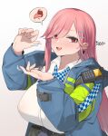  1girl artist_name bangs blue_jacket blush boca breasts earrings eyebrows_visible_through_hair fellatio_gesture girls&#039;_frontline hair_between_eyes heart heart_earrings highres jacket jewelry large_breasts long_hair looking_at_viewer mole mole_under_eye open_clothes open_jacket open_mouth pink_hair police police_uniform policewoman red_eyes shirt sig_mcx_(girls&#039;_frontline) solo tongue tongue_out uniform upper_body walkie-talkie white_background white_shirt 