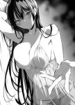  1girl babydoll bangs bare_shoulders blush breasts cleavage collarbone greyscale haitekudasai_takamine-san hiiragi_yuuichi large_breasts long_hair looking_at_viewer lying monochrome on_side outstretched_arm panties smile solo takamine_takane underwear 