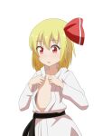  1girl bangs bathroom belt black_belt blonde_hair blush cato_(monocatienus) commentary_request dougi eyebrows_visible_through_hair hair_between_eyes hair_ribbon hands_up highres long_sleeves looking_down open_clothes open_mouth red_eyes red_ribbon ribbon rumia short_hair simple_background solo standing touhou white_background white_sleeves 