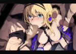  1girl bangs black_panties blonde_hair blue_eyes blush breasts censored chain detached_sleeves double_handjob earmuffs erection evelysse_(star_ocean) eyebrows_visible_through_hair fellatio frilled_legwear gangbang group_sex hairjob handjob hetero highres large_breasts long_hair male_pubic_hair mosaic_censoring multiple_boys nagioka nipples oral panties penis precum pubic_hair pussy_juice pussy_juice_stain rape spread_legs squatting stained_clothes stained_panties star_ocean star_ocean_anamnesis underwear 