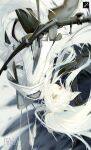  1girl animal_ear_fluff animal_ears arknights arrow_(projectile) artist_name bow_(weapon) floating_hair highres holding holding_bow_(weapon) holding_weapon horse_ears horse_tail jacket long_hair looking_at_viewer pale_skin platinum_(arknights) solo tail the_cecile upside-down weapon white_hair white_jacket yellow_eyes 