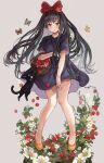  1girl apron bangs bare_legs basket black_cat black_dress black_eyes black_hair blush bow bow_hairband bug butterfly cat dress eyebrows_visible_through_hair flower food fruit full_body hair_bow hairband highres jiji_(majo_no_takkyuubin) kiki long_hair looking_at_viewer majo_no_takkyuubin orange_footwear red_bow saya_(mychristian2) shoes short_sleeves solo standing very_long_hair white_flower yellow_butterfly 