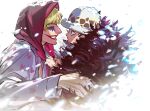  2boys ^_^ blonde_hair closed_eyes donquixote_rocinante fur_coat fur_hat grin hat headwear_request long_sleeves makeup multiple_boys one_piece qin_(7833198) smile snow snowing trafalgar_law 