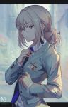  1girl an-94_(girls&#039;_frontline) aqua_eyes bangs blazer blonde_hair blue_necktie closed_mouth commentary expressionless eyebrows_visible_through_hair feet_out_of_frame girls&#039;_frontline glasses grey_jacket grey_suit hair_between_eyes headphones highres jacket jewelry long_hair looking_at_viewer looking_to_the_side necktie niac ring shirt simple_background solo standing twitter_username upper_body white_shirt 