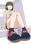  1girl absurdres black_legwear brown_eyes brown_hair commentary english_commentary full_body glasses highres looking_at_viewer medium_hair original shoes short_shorts shorts sitting sneakers socks solo tuskryo 