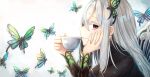  1girl absurdres bug butterfly butterfly_hair_ornament cup echidna_(re:zero) from_side hair_ornament hand_on_own_face highres long_hair long_sleeves looking_at_viewer pink_eyes re:zero_kara_hajimeru_isekai_seikatsu smile solo teacup white_hair yo_kono_wa 