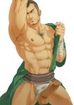  1boy abs armpits bandaged_arm bandages bara bare_pectorals bulge buzz_cut chest_hair clothing_aside earrings erection facial_hair feet_out_of_frame frown goatee green_eyes green_kimono japanese_clothes jewelry kimono large_pectorals loincloth loincloth_aside looking_to_the_side male_focus male_underwear male_underwear_aside mature_male muscular muscular_male navel navel_hair nipples open_clothes open_kimono original pectorals penis print_male_underwear short_hair sideburns solo stomach striped thick_thighs thighs uncensored underwear undressing very_short_hair white_male_underwear xiawenjie_(jason_ou_1990) 