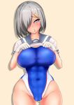  1girl :o abs absurdres blue_eyes blush breasts cameltoe clothes_lift competition_swimsuit covered_nipples cowboy_shot eyebrows_visible_through_hair gloves hair_ornament hair_over_one_eye hairclip hamakaze_(kancolle) highres kantai_collection large_breasts monte_(koupin) navel one-piece_swimsuit school_uniform serafuku shirt_lift silver_hair simple_background swimsuit swimsuit_under_clothes white_gloves 