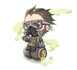  1boy apex_legends beard black_pants brown_hair caustic_(apex_legends) chibi facial_hair gas_can gas_mask gloves goggles grey_gloves hair_behind_ear hair_slicked_back highres jacket looking_at_viewer male_focus mask mt_(mt10_ap) pants sitting solo v-shaped_eyebrows yellow_jacket 