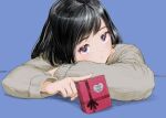  1girl absurdres bangs black_hair blue_background box closed_mouth eyebrows_visible_through_hair gift gift_box happy_valentine highres long_sleeves looking_at_viewer mochisuna original purple_eyes short_hair simple_background solo sweater swept_bangs valentine 