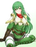  1girl armor ashita_yaru bangs belt breastplate commentary eyebrows_visible_through_hair fire_emblem fire_emblem:_mystery_of_the_emblem gloves green_eyes green_hair headband highres long_hair looking_at_viewer palla_(fire_emblem) pantyhose shoulder_armor simple_background sitting smile solo white_headband 