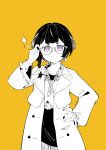 1girl absurdres anya_melfissa braid glasses hand_on_hip highres himwi hololive hololive_indonesia limited_palette long_coat purple_eyes single_braid skirt smile sparkle twitter_username virtual_youtuber yellow_background 