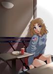  1girl american_flag blonde_hair burger commentary cup disposable_cup drinking_straw food girls_und_panzer grey_jacket hair_intakes highres indoors jacket kay_(girls_und_panzer) long_hair looking_at_viewer miniskirt nasa_logo open_mouth pleated_skirt red_sky restaurant sitting skirt sky solo window yellow_eyes zono_(inokura_syuzo029) 
