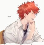  1boy closed_eyes collared_shirt cropped_arms from_side gkrk89 highres laughing male_focus mizukami_satoshi_(world_trigger) orange_hair shirt simple_background sketch solo spiked_hair upper_body white_background white_shirt world_trigger 