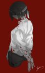  1girl bangs black_pants blood blood_on_clothes blood_on_face bound bound_arms brown_hair closed_mouth long_sleeves original pants polo_shirt qtian red_background shirt short_hair signature simple_background solo white_blindfold white_shirt 