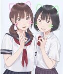  2girls animal_ears black_hair bob_cut brown_eyes brown_hair cat_ears commentary drawn_ears drawn_whiskers face_filter fake_animal_ears kyak_bamboo lips looking_at_viewer multiple_girls original school_uniform serafuku short_hair simple_background smile twintails upper_body v whiskers 