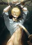  1boy abs aqua_shirt blonde_hair blush bottomless chain collared_shirt cuffs foreshortening gagged hair_over_one_eye handcuffs katana male_focus naked_shirt navel one_piece out-of-frame_censoring pov runa_(artist) sanji shirt short_hair solo sword tearing_clothes toned toned_male torn_clothes underpec weapon 