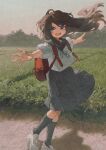  1girl backpack bag black_legwear blue_eyes blue_sailor_collar blush brown_hair commentary_request field floating_hair full_body grey_skirt highres kneehighs long_hair looking_at_viewer open_mouth original outdoors outstretched_arms pleated_skirt potg_(piotegu) sailor_collar school_uniform serafuku shadow shirt short_sleeves skirt smile solo white_footwear white_shirt 