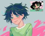  1girl abstract_background bangs black_hair blush buttercup_(ppg) buttercup_redraw_challenge cycrome derivative_work green_eyes green_pajamas grey_background halftone highres looking_at_viewer powerpuff_girls reference_inset screencap_redraw short_hair smile solo 