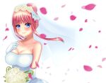  1girl bangs blunt_bangs blush bouquet breasts bridal_veil bride butterfly_hair_ornament dress earrings elbow_gloves flower gloves go-toubun_no_hanayome hair_bun hair_flower hair_ornament hand_on_own_chest jewelry kurosaki_coco large_breasts nakano_nino petals pink_hair smile solo strapless strapless_dress stud_earrings teardrop tears veil wedding wedding_dress white_dress 