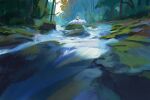  1girl bush forest mononoke_hime nature river rock san_(mononoke_hime) scenery sketch snatti tree water wolf 