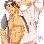  1boy abs alternate_pectoral_size arm_behind_head bara blush book brown_hair chest_hair cigarette facial_hair goatee highres holding holding_book large_pectorals long_sideburns looking_at_viewer male_focus mature_male mononobe_kyoma multicolored_hair muscular muscular_male nipples open_clothes open_shirt pants_boxer pectoral_cleavage pectorals pink_shirt shirt short_hair sideburns smile solo stomach streaked_hair stubble thick_eyebrows tokyo_afterschool_summoners undone_necktie white_hair 