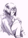  1girl bob_cut commentary_request girls_und_panzer hair_over_one_eye hand_on_own_knee highres hiyama_yuu_(wee259hiyama) hood hoodie looking_down monochrome nishihara_yasoko short_hair simple_background sitting sketch solo 