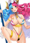  1girl akagi_kurage alexander_(eiyuu_senki) blue_hair breasts brown_eyes collarbone curly_hair earrings eiyuu_senki facial_mark forehead_mark green_eyes heterochromia highres holding holding_staff horns jewelry large_breasts long_hair mismatched_eyebrows multicolored_hair navel pink_hair revealing_clothes shiny shiny_skin simple_background solo split-color_hair staff standing standing_on_one_leg thighs two-tone_hair white_background yellow_horns 