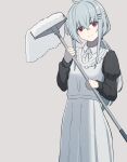  1girl ahoge commentary_request eyebrows_visible_through_hair grey_background grey_hair hair_ornament hairclip highres holding holding_mop juliet_sleeves kawara_pigeon long_hair long_sleeves looking_at_viewer low_ponytail maid mop original puffy_sleeves red_eyes simple_background smile x_hair_ornament 