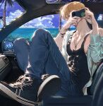  1boy alternate_costume aqua_shirt beach black_tank_top blonde_hair camera car_interior casual cloud cloudy_sky denim full_body hair_over_one_eye holding holding_camera jeans legs_up male_focus necktie one_piece open_clothes open_shirt pants pectoral_cleavage pectorals runa_(artist) sanji shirt shoes short_hair sidepec sky sneakers solo sunlight tank_top toned toned_male tree water 