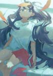  1girl black_hair blue_eyes book closed_mouth commentary_request feet_out_of_frame highres holding holding_book indoors light_particles long_hair original papers potg_(piotegu) shirt short_sleeves shorts signature sitting solo t-shirt very_long_hair white_shirt 